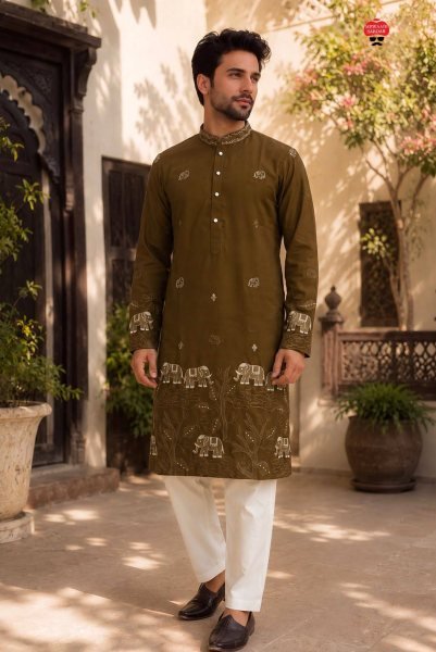 Mahendi Green Armaani Lachko Men s Kurta Pajama Set with Heavy Embroidery Kurta Pajama Wholesale