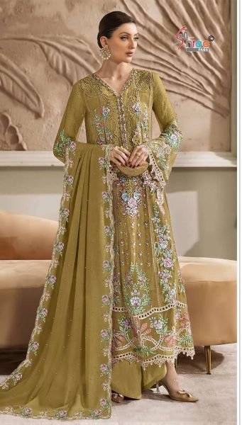 Mahendi Green Chiffon Suit Set with Hand Khatli Embroidery Work for Wedding Wear Pakistani Suits Wholesale