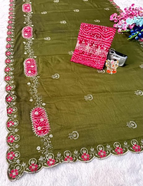 Mahendi Green Chinon Saree with Heart Floral Border and Bandhani Floral Butta Design Embroidery Sarees Wholesale