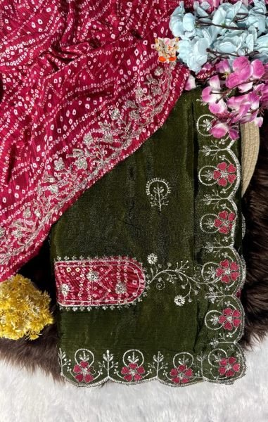 Mahendi Green Chinon Saree with Heart Floral Border and Bandhani Floral Butta Design Embroidery Sarees Wholesale