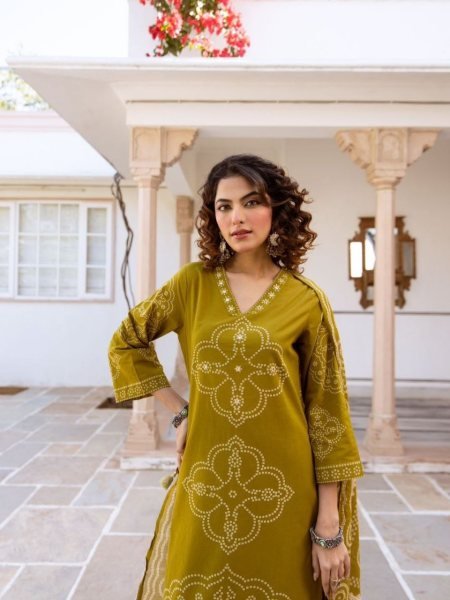 Mahendi Green Comfortable Cotton Kurti Set with Hand Work for Women  Cotton Kurtis Wholesale