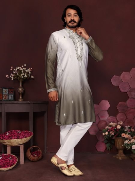 Mahendi Green Cotton Silk Embroidered Kurta with Raymond Cotton Pyjama 