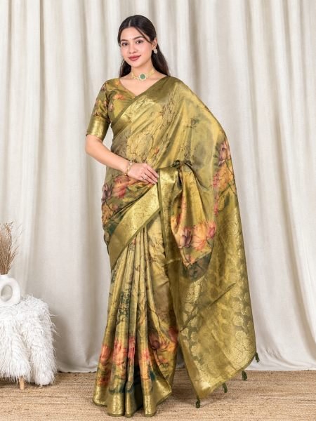 Mahendi Green Designer Glass Tissue Silk Saree with Zari Woven Pallu and Border For Wedding Sarees 