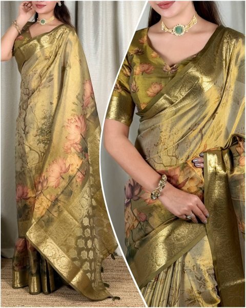 Mahendi Green Designer Glass Tissue Silk Saree with Zari Woven Pallu and Border For Wedding Silk Sarees Wholesale