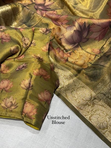 Mahendi Green Designer Glass Tissue Silk Saree with Zari Woven Pallu and Border For Wedding Silk Sarees Wholesale
