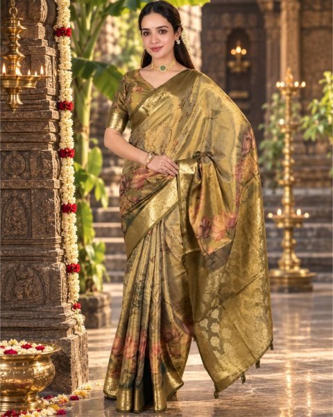 Mahendi Green Designer Glass Tissue Silk Saree with Zari Woven Pallu and Border For Wedding Silk Sarees Wholesale