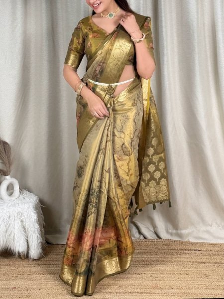 Mahendi Green Designer Glass Tissue Silk Saree with Zari Woven Pallu and Border For Wedding Silk Sarees Wholesale