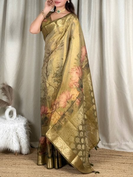 Mahendi Green Designer Glass Tissue Silk Saree with Zari Woven Pallu and Border For Wedding Silk Sarees Wholesale