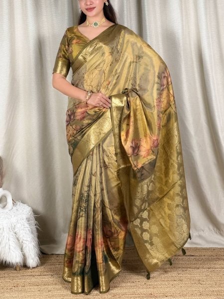 Mahendi Green Designer Glass Tissue Silk Saree with Zari Woven Pallu and Border For Wedding Silk Sarees Wholesale