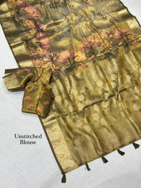 Mahendi Green Designer Glass Tissue Silk Saree with Zari Woven Pallu and Border For Wedding Silk Sarees Wholesale