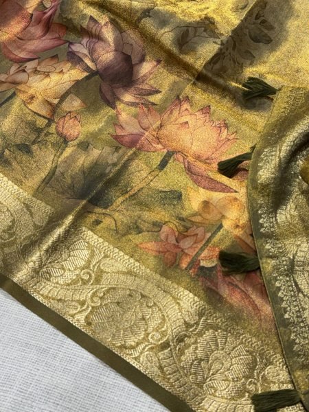 Mahendi Green Designer Glass Tissue Silk Saree with Zari Woven Pallu and Border For Wedding Silk Sarees Wholesale