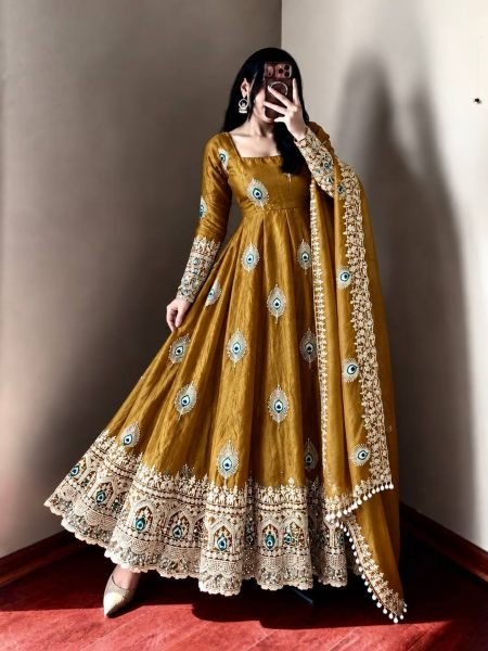 Mahendi Green Designer Party Wear Gown with 4 Meter Flair and Sequin Work at Factory Price 