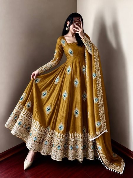 Mahendi Green Designer Party Wear Gown with 4 Meter Flair and Sequin Work at Factory Price Ready To Wear Collection