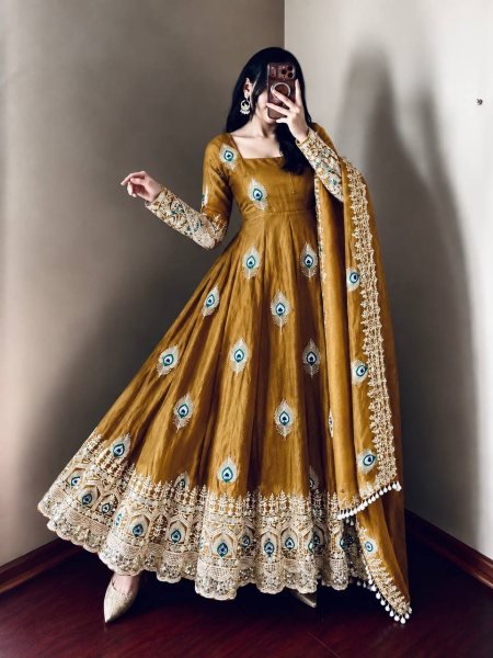 Mahendi Green Designer Party Wear Gown with 4 Meter Flair and Sequin Work at Factory Price Ready To Wear Collection