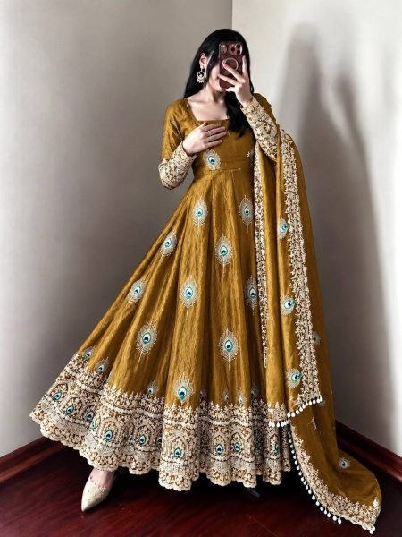 Mahendi Green Designer Party Wear Gown with 4 Meter Flair and Sequin Work at Factory Price Ready To Wear Collection