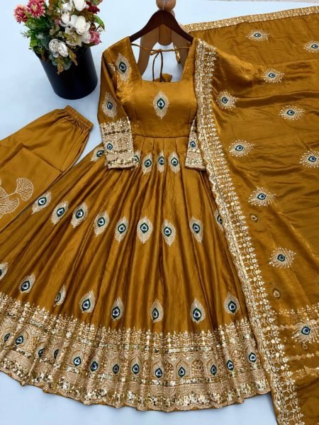 Mahendi Green Designer Party Wear Gown with 4 Meter Flair and Sequin Work at Factory Price Ready To Wear Collection