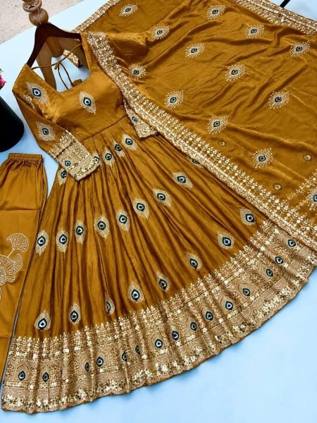 Mahendi Green Designer Party Wear Gown with 4 Meter Flair and Sequin Work at Factory Price Ready To Wear Collection