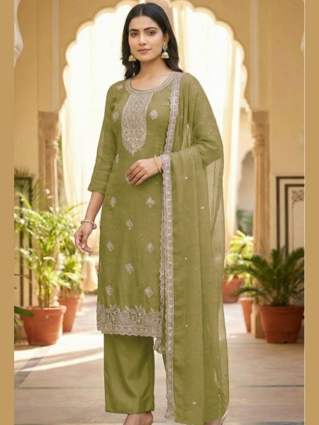 Mahendi Green Designer Wedding Wear Suit Set with Embroidered Dupatta and Silk Bottom Salwar Kameez