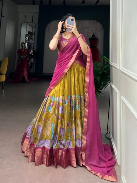 Mahendi Green Dola Silk Kalamkari Print Lehenga Choli with Zari Weaving Border For Festival Designer Lehenga Choli