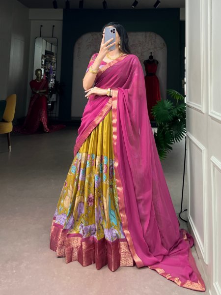 Mahendi Green Dola Silk Kalamkari Print Lehenga Choli with Zari Weaving Border For Festival Designer Lehenga Choli