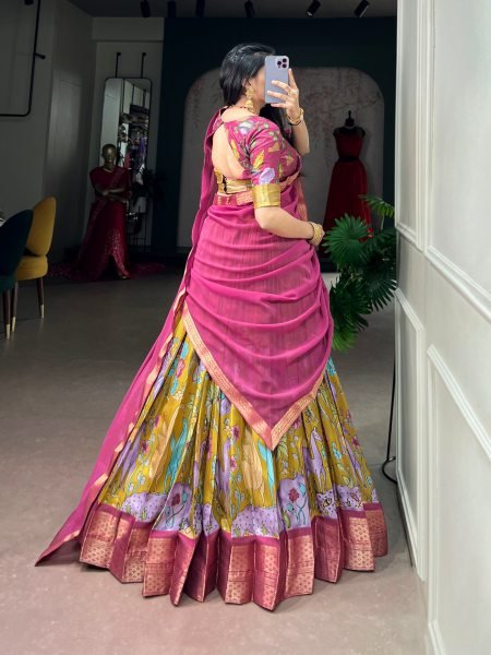 Mahendi Green Dola Silk Kalamkari Print Lehenga Choli with Zari Weaving Border For Festival Designer Lehenga Choli