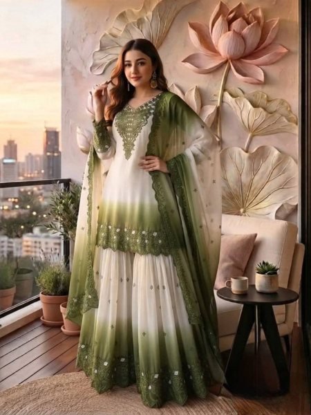 Mahendi Green Dual Tone Georgette Embroidered Kurti Palazzo Set with Cutwork Dupatta 