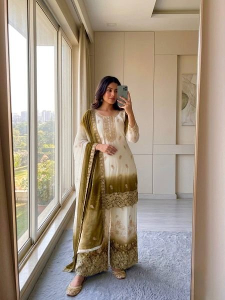 Mahendi Green Dual Tone Georgette Suit Set with Designer Embroidery For Wedding Ready To Wear Suit