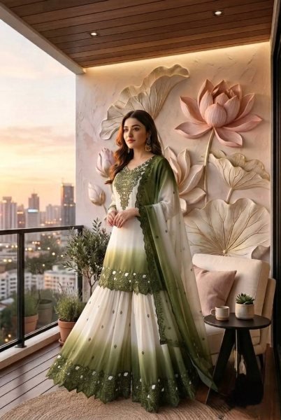 Mahendi Green Dual Tone Georgette Embroidered Kurti Palazzo Set with Cutwork Dupatta Ready To Wear Collection