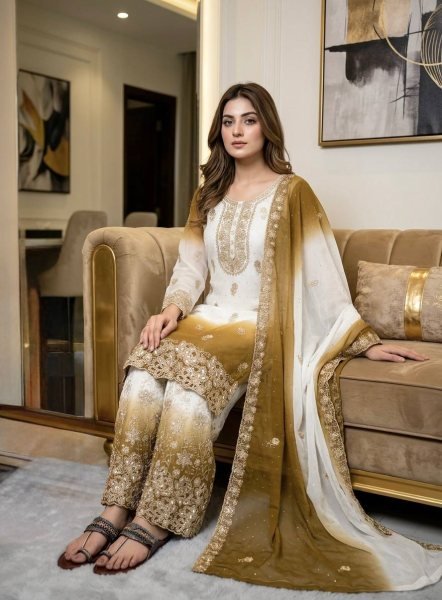 Mahendi Green Dual Tone Georgette Suit Set with Designer Embroidery For Wedding Ready To Wear Collection