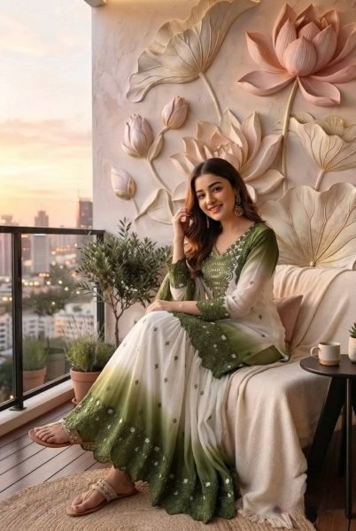 Mahendi Green Dual Tone Georgette Embroidered Kurti Palazzo Set with Cutwork Dupatta Ready To Wear Collection