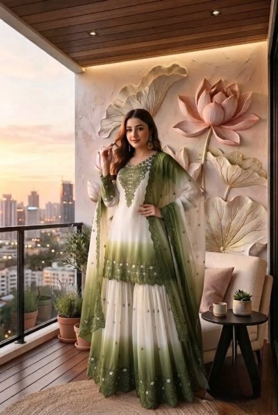 Mahendi Green Dual Tone Georgette Embroidered Kurti Palazzo Set with Cutwork Dupatta Ready To Wear Collection