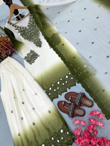 Mahendi Green Dual Tone Georgette Embroidered Kurti Palazzo Set with Cutwork Dupatta Ready To Wear Collection