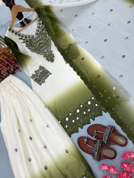 Mahendi Green Dual Tone Georgette Embroidered Kurti Palazzo Set with Cutwork Dupatta Ready To Wear Collection