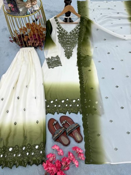 Mahendi Green Dual Tone Georgette Embroidered Kurti Palazzo Set with Cutwork Dupatta Ready To Wear Collection