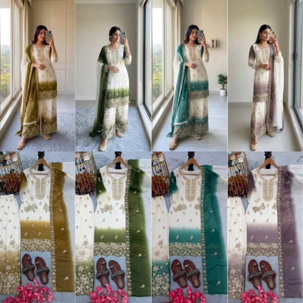 Mahendi Green Dual Tone Georgette Suit Set with Designer Embroidery For Wedding Ready To Wear Collection