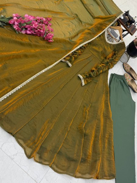 Mahendi Green Fendy Silk 3 Piece Gown Set with Micro Cotton Pant for Festival  Ready To Wear Collection