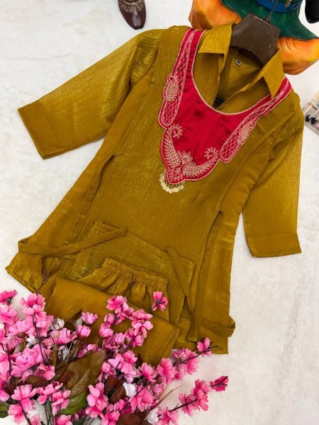Mahendi Green Festive Wear Crunchy Silk Kurti Set with Embroidered Koti at Direct Factory Price CO ORD Sets