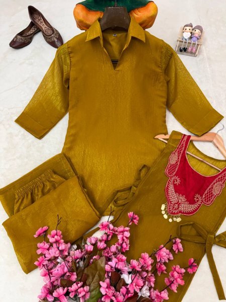 Mahendi Green Festive Wear Crunchy Silk Kurti Set with Embroidered Koti at Direct Factory Price CO ORD Sets