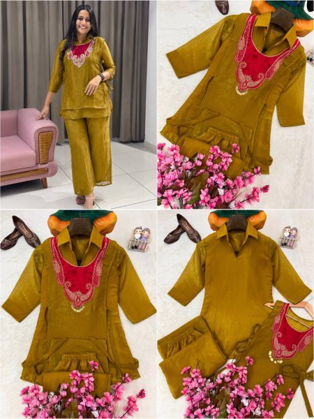Mahendi Green Festive Wear Crunchy Silk Kurti Set with Embroidered Koti at Direct Factory Price CO ORD Sets