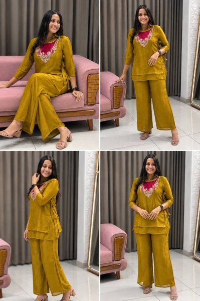 Mahendi Green Festive Wear Crunchy Silk Kurti Set with Embroidered Koti at Direct Factory Price CO ORD Sets