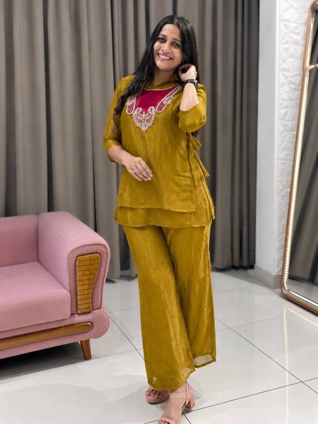 Mahendi Green Festive Wear Crunchy Silk Kurti Set with Embroidered Koti at Direct Factory Price CO ORD Sets
