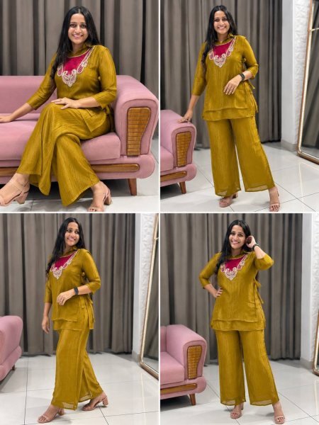 Mahendi Green Festive Wear Crunchy Silk Kurti Set with Embroidered Koti at Direct Factory Price CO ORD Sets