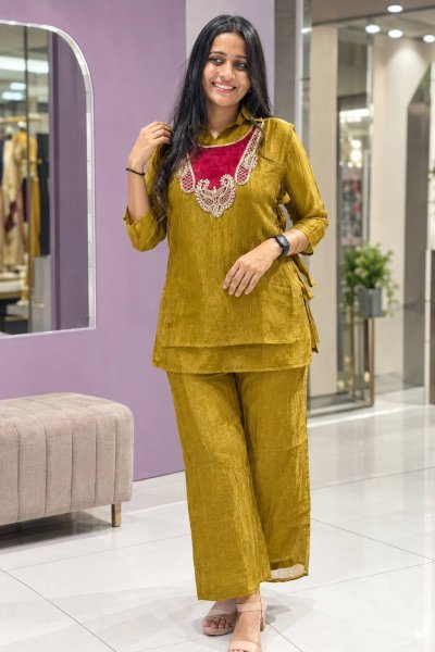 Mahendi Green Festive Wear Crunchy Silk Kurti Set with Embroidered Koti at Direct Factory Price CO ORD Sets