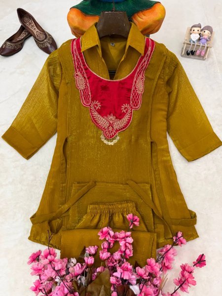 Mahendi Green Festive Wear Crunchy Silk Kurti Set with Embroidered Koti at Direct Factory Price CO ORD Sets