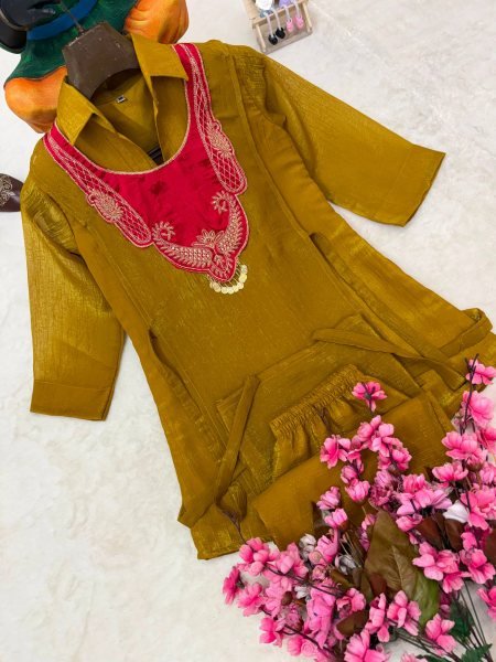 Mahendi Green Festive Wear Crunchy Silk Kurti Set with Embroidered Koti at Direct Factory Price CO ORD Sets