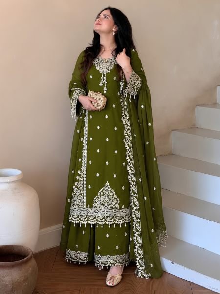 Mahendi Green Fully Stitched Heavy Fox Georgette Palazzo with Embroidered Top Ready To Wear Suit