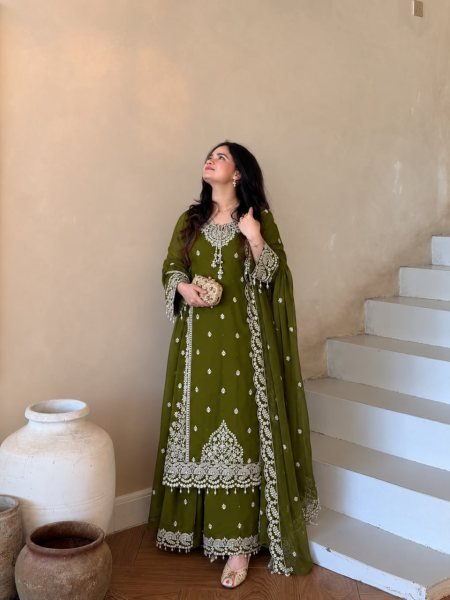 Mahendi Green Fully Stitched Heavy Fox Georgette Palazzo with Embroidered Top Ready To Wear Collection