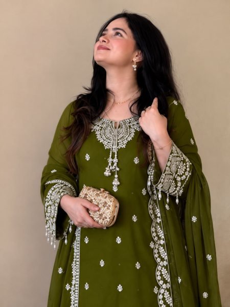 Mahendi Green Fully Stitched Heavy Fox Georgette Palazzo with Embroidered Top Ready To Wear Collection