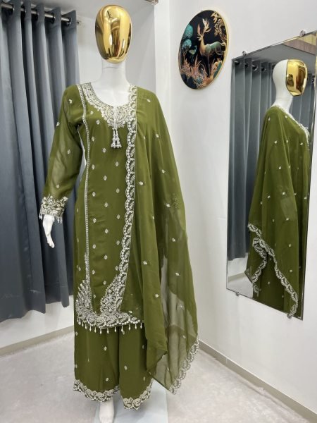 Mahendi Green Fully Stitched Heavy Fox Georgette Palazzo with Embroidered Top Ready To Wear Collection