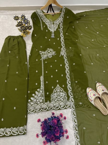 Mahendi Green Fully Stitched Heavy Fox Georgette Palazzo with Embroidered Top Ready To Wear Collection